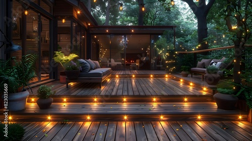 Tranquil outdoor living space with cozy lighting on a wooden deck surrounded by nature at dusk.  photo
