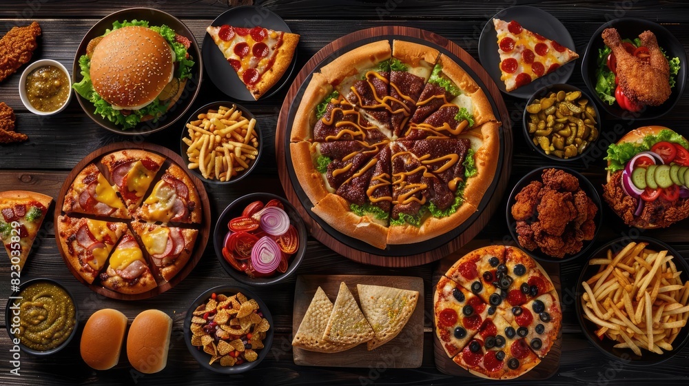 A delicious assortment of fast food including burgers, pizza, fries, and fried chicken. Perfect for advertising restaurants or food delivery services.