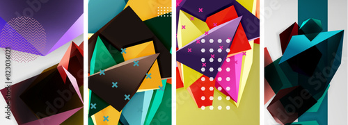 Trendy low poly 3d triangle shapes and other geometric elements background designs for wallpaper, business card, cover, poster, banner, brochure, header, website