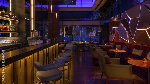 An upscale modern bar interior illuminated by ambient neon lighting and furnished with elegant seating and a sleek counter. 