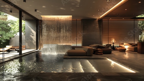Luxurious indoor pool area with water feature and modern lighting in a high-end residence 