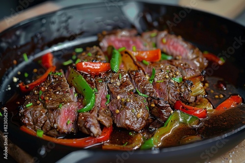 Tender strips of seared steak and colorful bell peppers stir-fried in a pan, perfect for depicting delicious meals