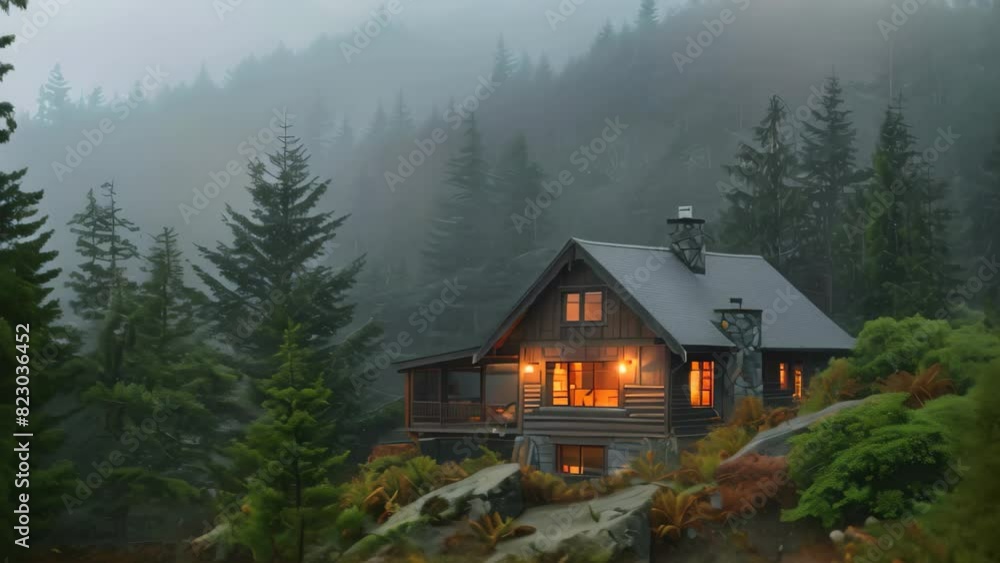 A cabin stands amidst fog in a dense forest, creating a mysterious atmosphere, A cozy cabin nestled in the snowy mountains surrounded by pine trees A cabin stands amidst fog in a dense forest, creating a mysterious atmosphere, A cozy cabin nestled in the snowy mountains surrounded by pine trees