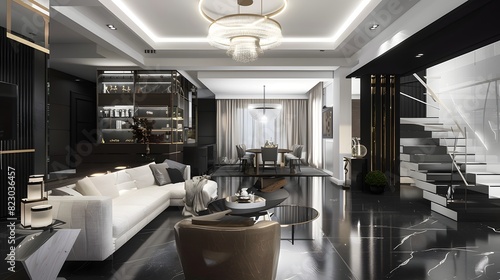 Elegant modern living room interior with luxurious furnishings and sophisticated decor illuminated by soft lighting. 