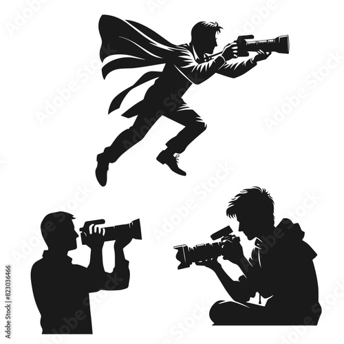 Highly detailed Cameraman set silhoette vector illustration isolated on white background