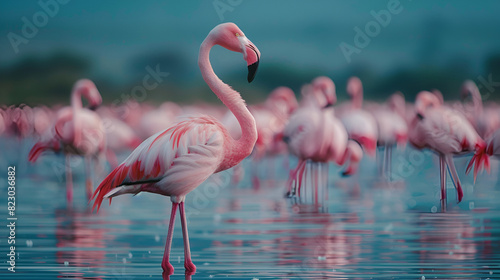 Close up view of flamingos in a lake standing beside each other   Generative AI