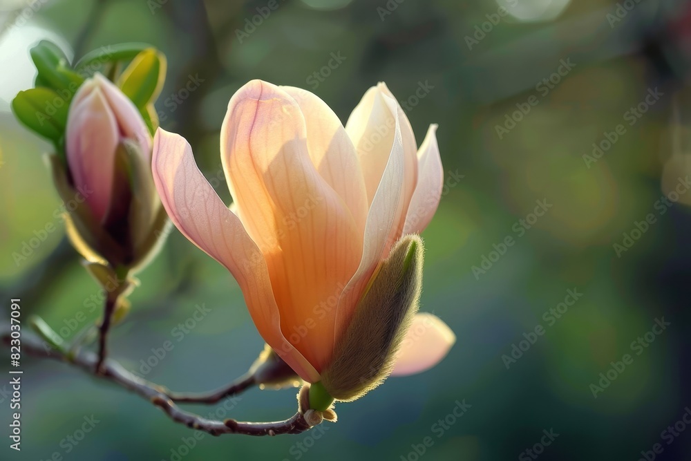 Delicate pink and yellow magnolia flower blooming in spring