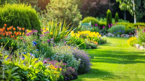 Vibrant garden with colorful flowers and lush greenery