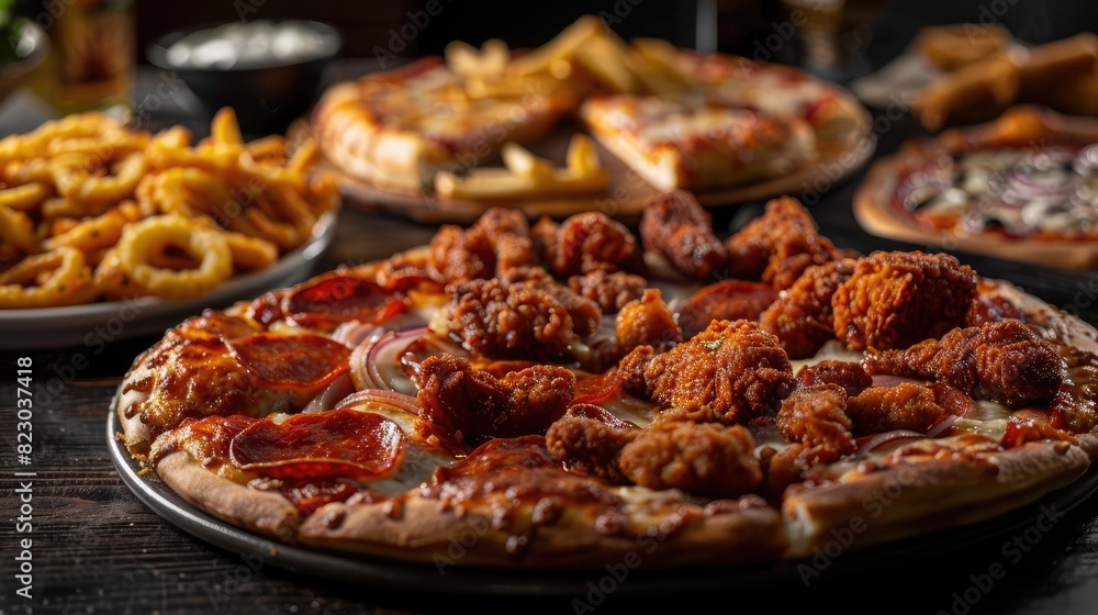 Delicious assortment of pizzas and sides, featuring crispy fried chicken, pepperoni, fries, and cheese, ready to enjoy for any meal. Delicious assortment of pizzas and sides, featuring crispy fried chicken, pepperoni, fries, and cheese, ready to enjoy for any meal.