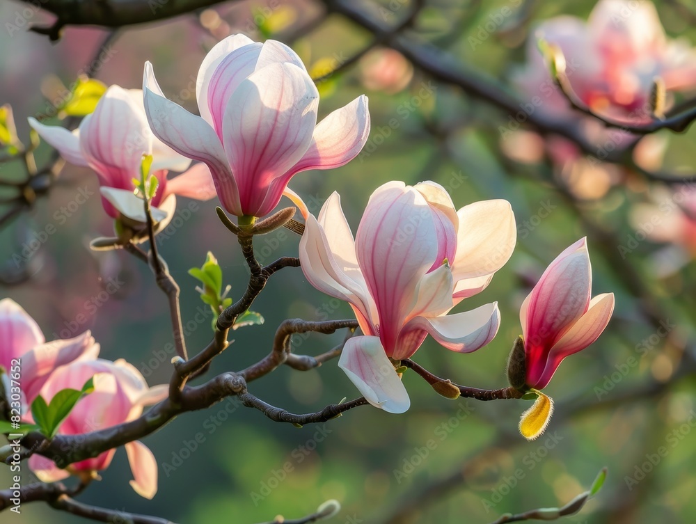 Fototapeta premium Blooming pink magnolia flowers on tree branch
