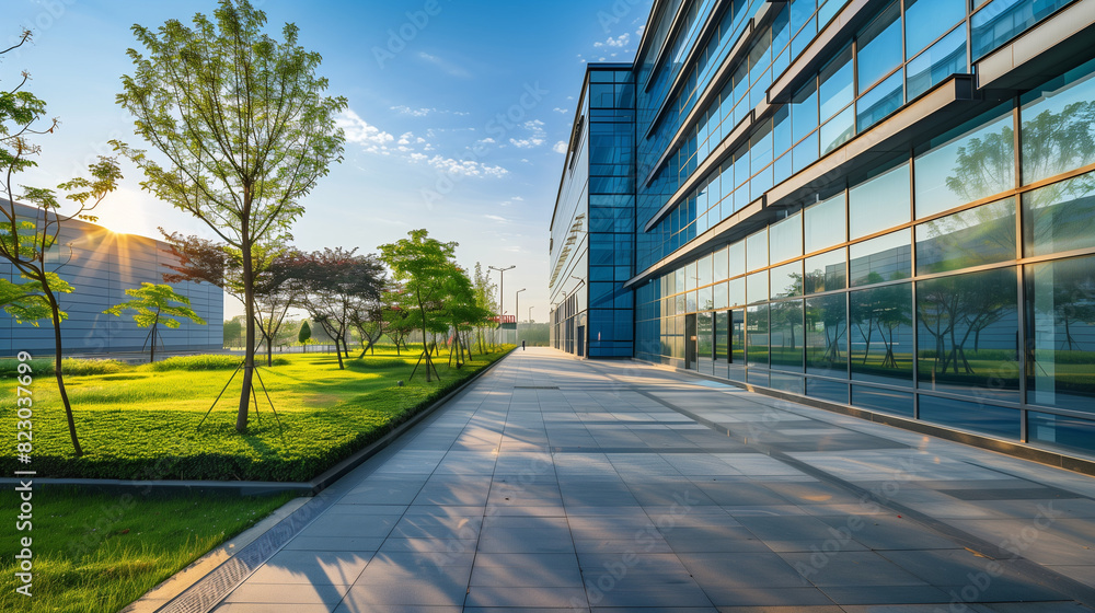 A walkway running alongside a sleek, modern corporate building. The light of the morning sun gently illuminates the facade, adding shine and prestige.