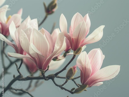 Delicate pink magnolia flowers blooming on branch © Balaraw