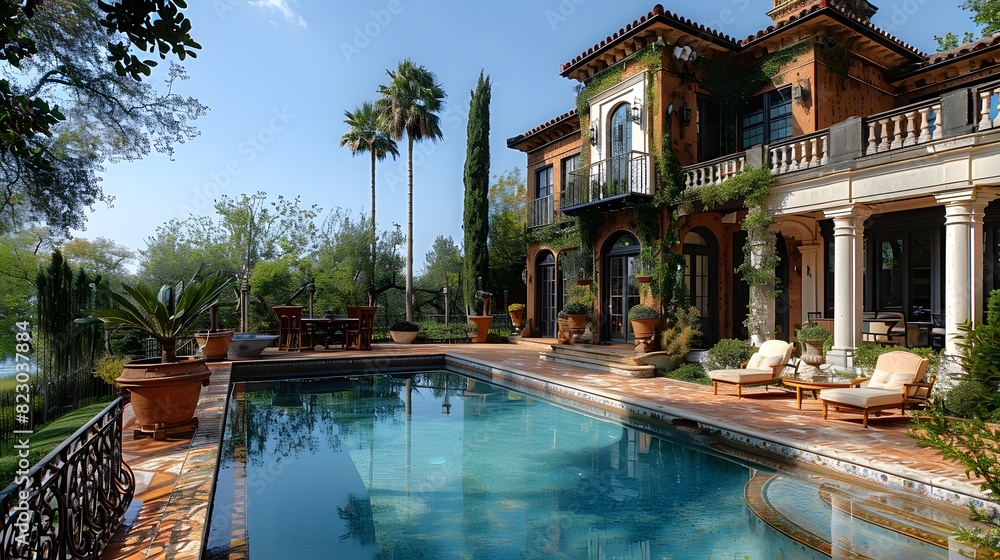 Luxurious mansion with a stunning outdoor pool surrounded by lush greenery under a clear blue sky.