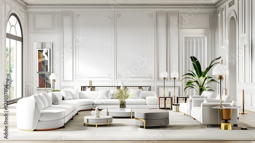Elegant and spacious living room interior with white sofas and modern decor details in a classical architecture setting.  photo