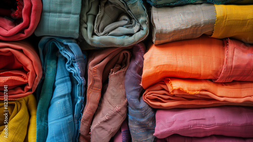 In a textile recycling environment, colorful fabrics are neatly folded and stacked, expressing a creative vision for sustainable design.