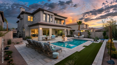 Luxury suburban house with a swimming pool at sunset under a dramatic sky 