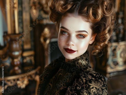 Elegant woman with vintage hairstyle and makeup