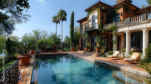Luxurious mansion with a stunning outdoor pool surrounded by lush greenery under a clear blue sky. photo