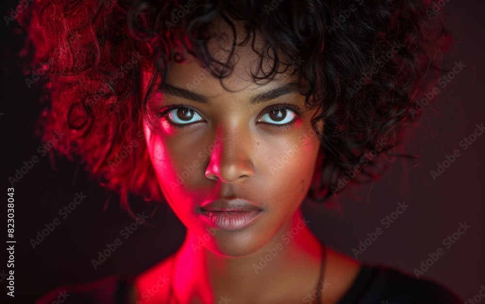 A close-up shot of a genderfluid adult of Mixed Race descent, with a bright red light illuminating her face A close-up shot of a genderfluid adult of Mixed Race descent, with a bright red light illuminating her face