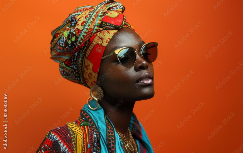 An adult genderfluid person of West African descent wearing sunglasses and a head scarf outdoors An adult genderfluid person of West African descent wearing sunglasses and a head scarf outdoors