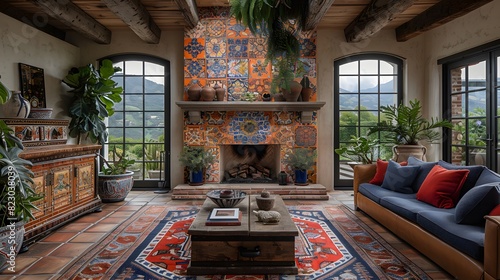 A cozy and vibrant living room with traditional tiled fireplace and rustic decor overlooking a scenic view. 