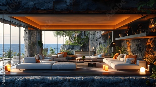 Modern luxury living room with panoramic ocean view at dusk illuminated by soft lights 