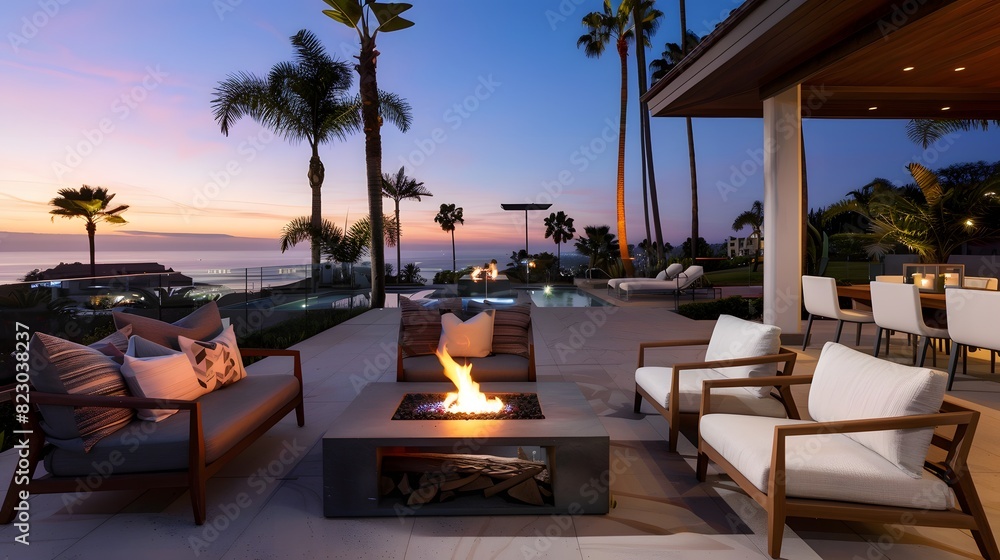 Fototapeta premium Luxurious outdoor patio featuring a fire pit and comfortable seating with a breathtaking sunset over the ocean horizon. 