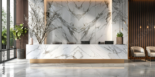  Interior design of a beautiful elegance reception area with luxury white marble counter and wall, exuding chic style and modern charm, laptop business office background
 photo