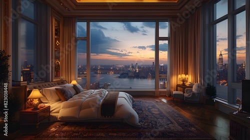 Luxurious bedroom with a panoramic view of the city skyline during twilight hours. 