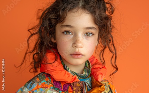 A young genderfluid child of Mediterranean descent, with curly hair, wearing a vibrant, colorful jacket