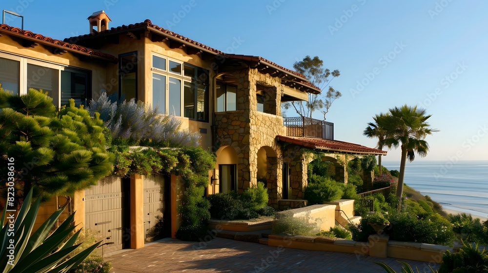 Luxurious Mediterranean style villa with ocean view at sunset, showcasing elegant architecture and lush landscaping. 