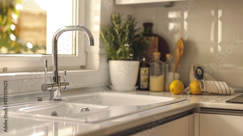 Corner sink in a minimalist kitchen  close-up highlighting the modern design and space optimization  ideal for contemporary small kitchens