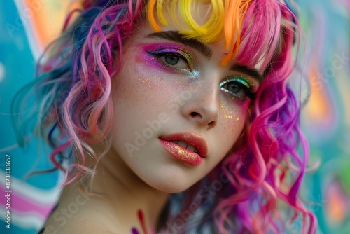 Colorful and vibrant portrait of a person with creative makeup and hairstyle