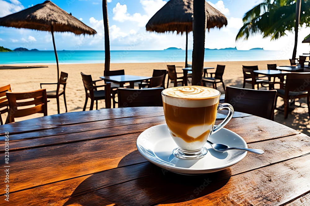 Beach bar's Caramel Macchiato against a tropical sea view, ai generative Beach bar's Caramel Macchiato against a tropical sea view, ai generative