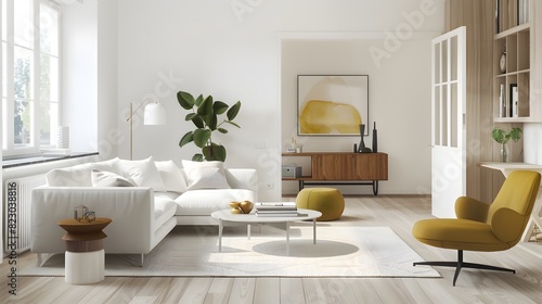 Bright and spacious modern living room interior with stylish furniture and decor  perfect for a contemporary home design catalog 
