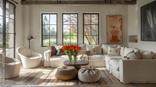 Bright and cozy living room interior with modern furniture and large windows overlooking greenery. 