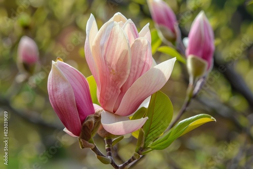 Beautiful pink magnolia flower blooming in spring