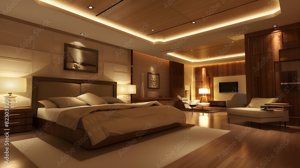Elegant and modern bedroom interior design with warm lighting and luxurious furnishings at dusk Elegant and modern bedroom interior design with warm lighting and luxurious furnishings at dusk