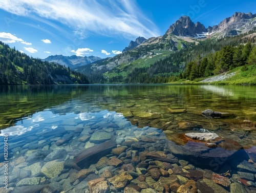 Serene mountain lake with crystal clear waters and lush green forests