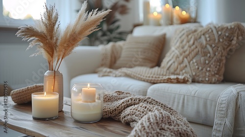 Cozy home interior with decorative pillows, lit candles, and a warm blanket on a sofa, symbolizing comfort and tranquility. 