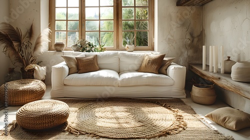 Cozy living room interior with a comfortable white sofa  rustic wicker baskets  and natural sunlight streaming through the window  ideal for a home decor theme 