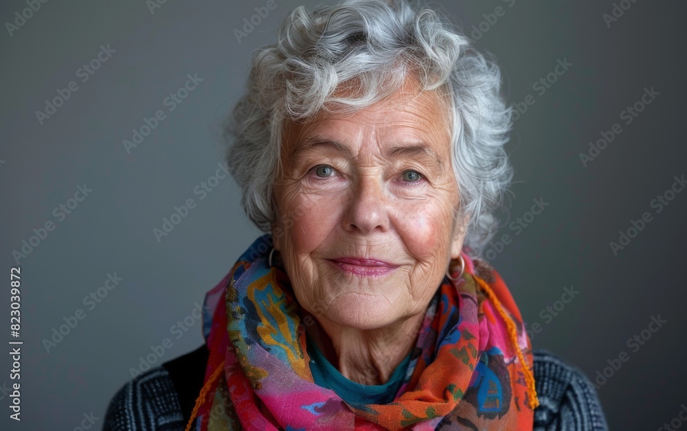 An older woman of Scandinavian descent wearing a vibrant, colorful scarf An older woman of Scandinavian descent wearing a vibrant, colorful scarf