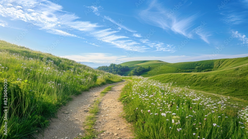 Scenic countryside path through green rolling hills