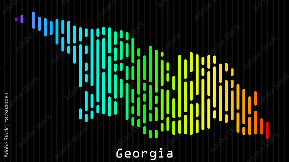 Fototapeta premium A map of Georgia is presented in the form of colorful vertical lines against a dark background. The country's borders are depicted in the shape of a rainbow-colored diagram.