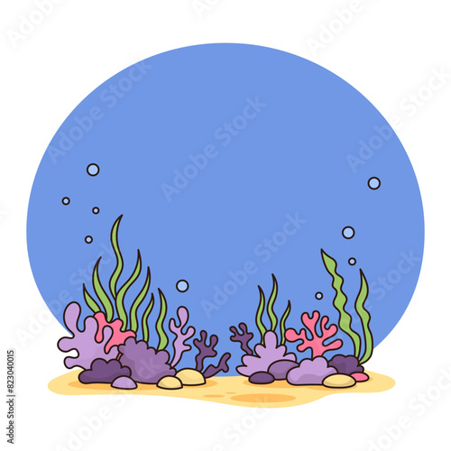Landscape underwater bottom with algae, corals and sand on blue background. Vector illustration