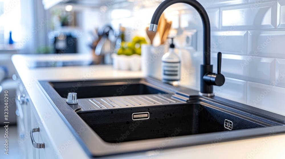 Contemporary kitchen with a corner sink, close-up showcasing the innovative design that helps maximize space, ideal for modern and small kitchens Contemporary kitchen with a corner sink, close-up showcasing the innovative design that helps maximize space, ideal for modern and small kitchens