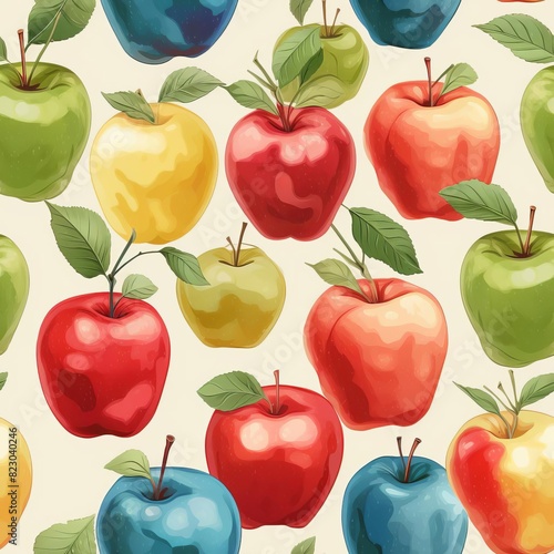 Colorful seamless pattern of red, green, blue, and yellow apples with leaves on a light background. Ideal for design and decoration purposes.