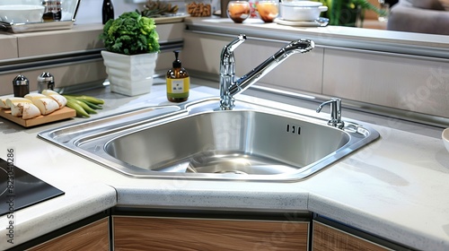 Contemporary kitchen with a corner sink, close-up showcasing the innovative design that helps maximize space, ideal for modern and small kitchens photo