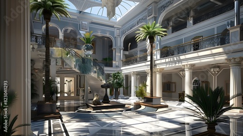 Elegant interior of a luxurious building with grand staircases, balconies, and palm trees, under a skylight. 