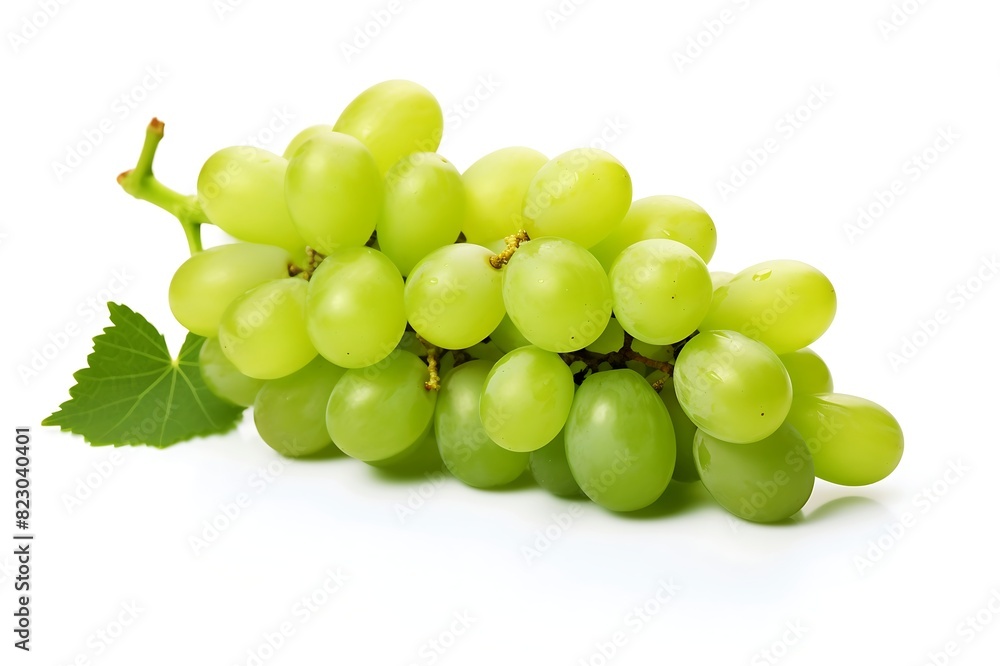 Green grapes with leaf fruit on white background Green grapes with leaf fruit on white background